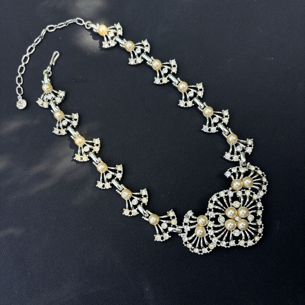 Vintage Sarah Cov Necklace FANTASIA 1956 Rhinestone Silver Tone Faux Pearl 17"